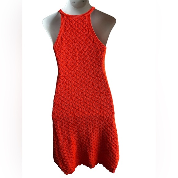 Eliza J Vibrant Orange Halter Midi Sheath Crochet Dress L - Picture 3 of 15